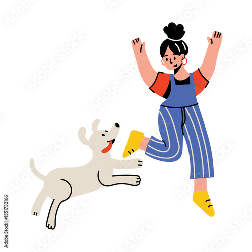 A flat style illustration showing a dog playing with a person 
