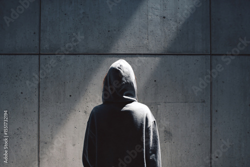 a person in a hoodie standing in front of a wall