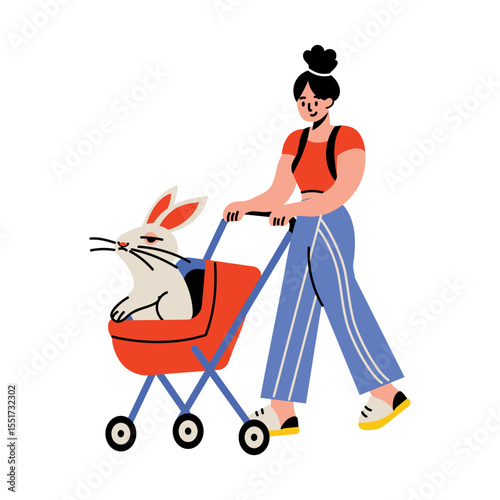 A flat style illustration showing a character punching a pet stroller 

