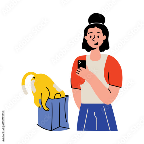 A flat style illustration showing a character recording a funny cat 
