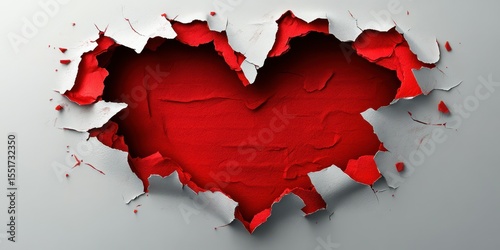 Heart shape revealed through torn wall showcasing vibrant red color and texture in an artistic representation of love