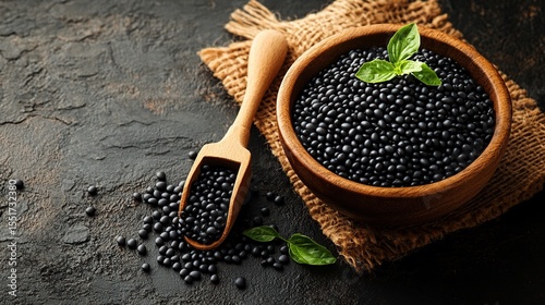 Black lentils in a wooden bowl