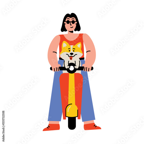 A pet ride with his owner on a bike, flat style illustration 
