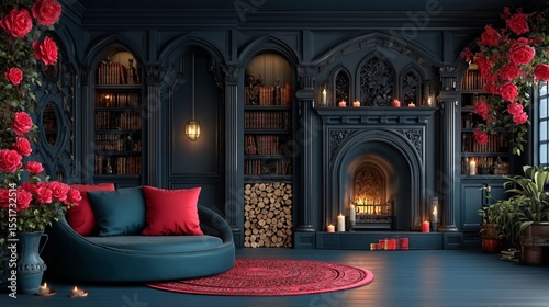 A traditional living room is elevated by the elegance of a Victorian-style classical fireplace with an ornate marble mantel, richly carved wood, and a warm crackling fire