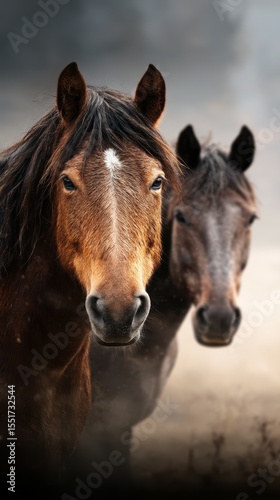 Two horses stand together in a misty field at dawn, showcasing their beauty and serenity in the early morning light