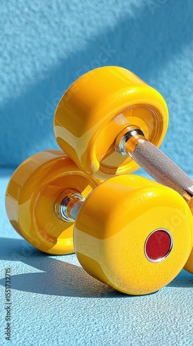 Bright yellow dumbbells resting on a textured blue surface during a fitness routine