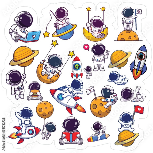Little Astronaut Exploring the Galaxy – Kids Space Illustration - Astronaut Holding Planet Balloon – Whimsical Space Art - Astronaut Standing on Mars – Sci-Fi Adventure Scene - Astronaut with Rocket