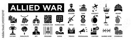 Allie War Icon Set. Editable Stroke Icon Collection. Soldier, Tank, Aircraft, Ship, Helmet