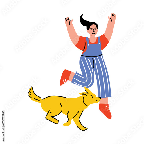 A flat style illustration of a happy running dog 
