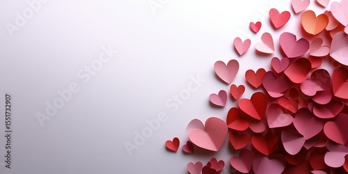 Colorful heart decorations scattered on a light background perfect for celebrations and romantic occasions