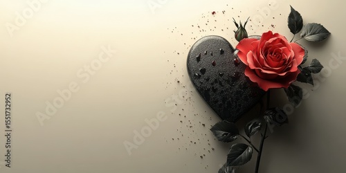 Heart shaped stone surrounded by a red rose, symbolizing love and loss in a minimalist artistic arrangement