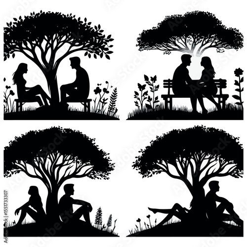 Couple sitting under tree silhouette couple silhouette tree man woman background 