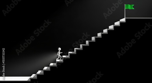 White stick figure climbing stairs towards green flag