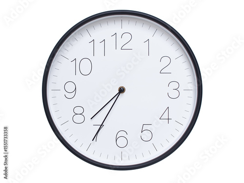 Simple wall clock with black frame and white face displaying 07:35 or 19:35. Ideal for time, schedule, and punctuality themes.