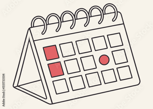Desk calendar illustration, minimalist style, red and gray, for planning and scheduling