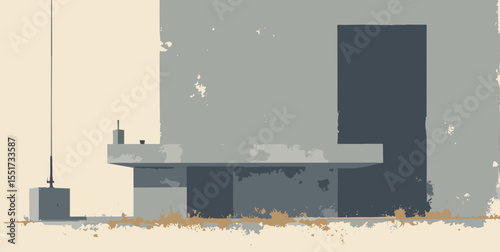 Brutalist block grid in concrete gray, charcoal, and bone