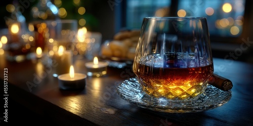 Sophisticated evening with whiskey, cigar, and candles in a cozy setting