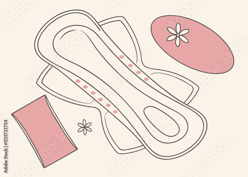 Sanitary pads and liners, minimalist illustration, pastel colors, for feminine hygiene product packaging