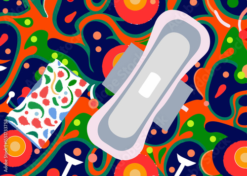 Sanitary pad and packaging, illustrated in vibrant colors, for feminine hygiene product advertising