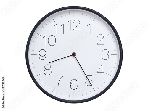 Simple wall clock with black frame and white face displaying 08:25 or 20:25. Ideal for time, schedule, and punctuality themes.
