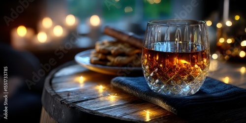 Evening gathering with whiskey and cookies creates a cozy atmosphere in a warm, softly lit space