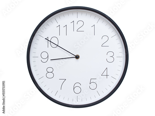 Simple wall clock with black frame and white face displaying 08:50 or 20:50. Ideal for time, schedule, and punctuality themes.
