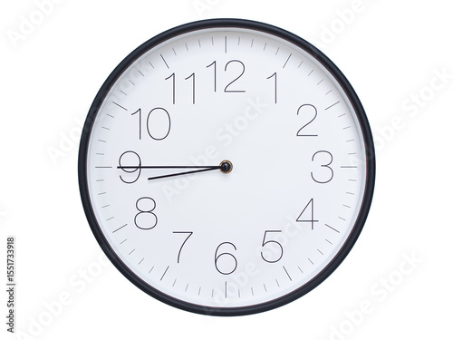 Simple wall clock with black frame and white face displaying 08:45 or 20:45. Ideal for time, schedule, and punctuality themes.