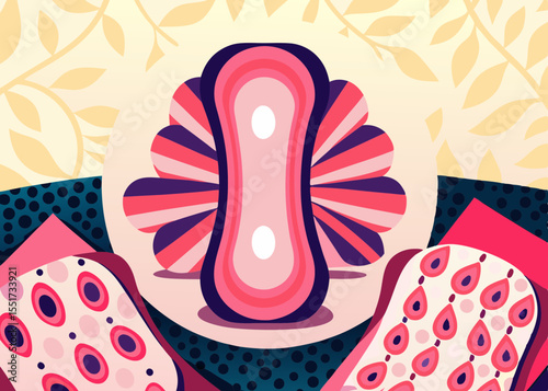 Sanitary pad illustration, stylized design, pink and purple tones, for women's health education