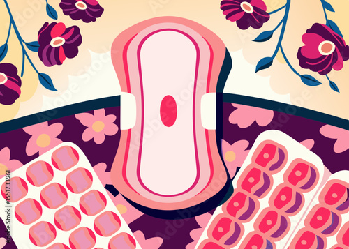 Sanitary pad and pills illustration, in pink and purple tones, for healthcare education