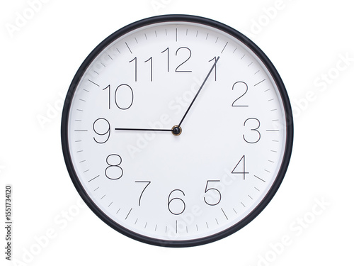 Simple wall clock with black frame and white face displaying 09:05 or 21:05. Ideal for time, schedule, and punctuality themes.