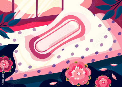 Sanitary pad illustration, pink and red tones, feminine hygiene product, for health websites