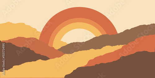 Retro 70s geometric arcs and waves in burnt orange, mustard yellow, deep brown, and cream
