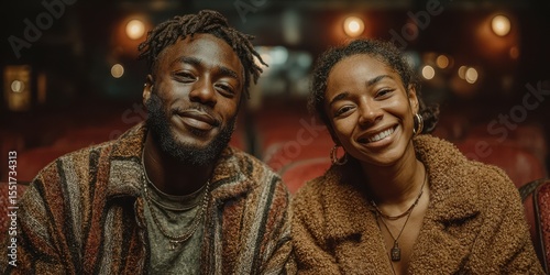 Smiling couple enjoys evening together at cozy theater with warm ambiance