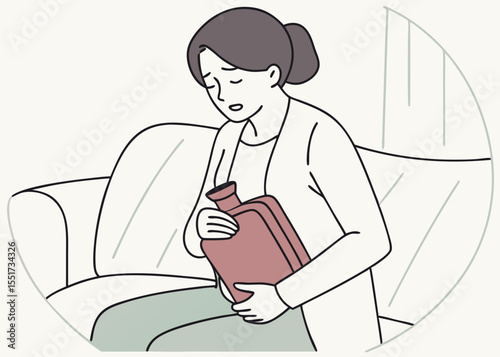 Woman feeling unwell holding hot water bottle on sofa, for healthcare websites