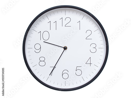 Simple wall clock with black frame and white face displaying 09:35 or 21:35. Ideal for time, schedule, and punctuality themes.