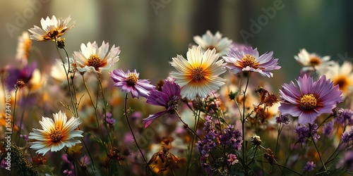 Vibrant wildflower field in a serene forest during early morning hours