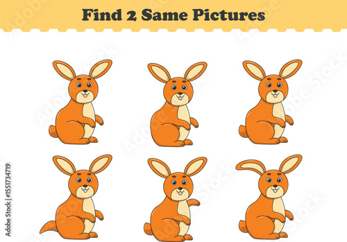 Funny cartoon rabbit. Find two same pictures. Educational game for children. Cartoon vector illustration