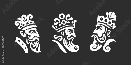Three Regal Kings with Crowns in Vector Illustration. Vector illustration of three regal kings in profile, adorned with intricate crowns and beards. The monochrome design emphasizes their noble expres
