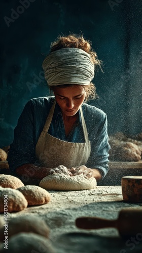 Woman preparing traditional bread in a rustic bakery setting during the early morning hours