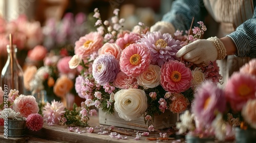 Flower arranging in a cozy workshop with vibrant blooms and skilled hands at work during daylight