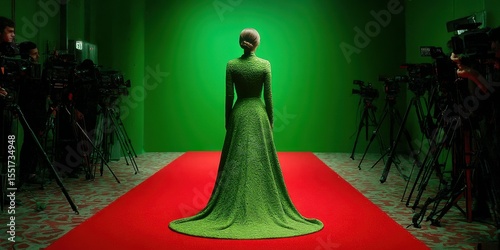 Model in a green dress stands on a red carpet surrounded by cameras in a studio setting at a photoshoot event