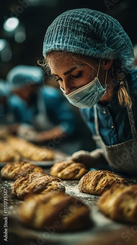 Expert baker focusing on freshly prepared pastries in a bustling bakery during the day