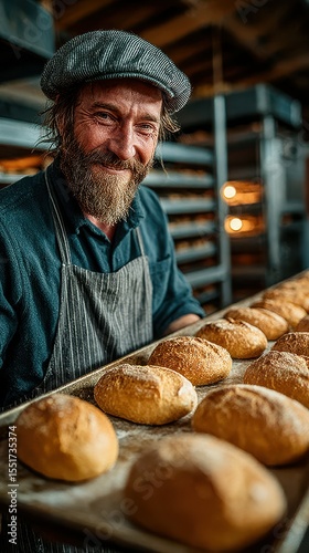 Artisan baker proudly presents freshly baked bread in rustic bakery during early morning hours