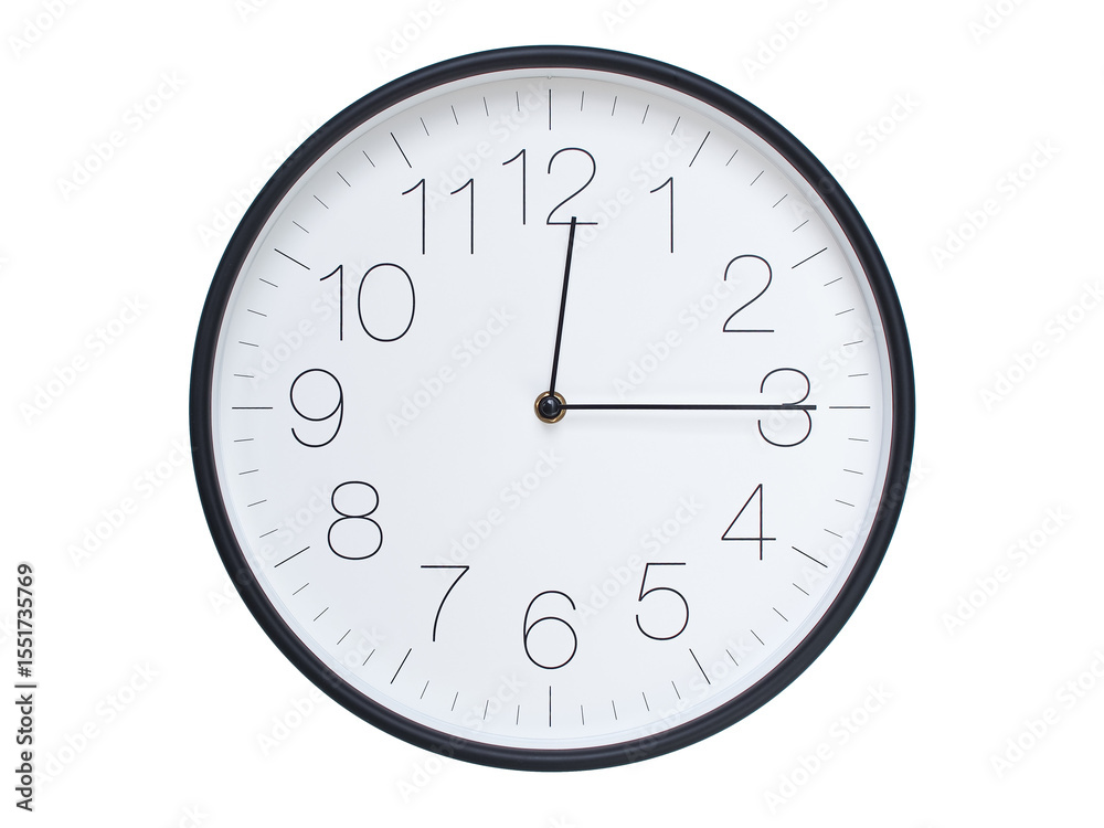 Simple wall clock with black frame and white face displaying 00:15 or 12:15. Ideal for time, schedule, and punctuality themes. Simple wall clock with black frame and white face displaying 00:15 or 12:15. Ideal for time, schedule, and punctuality themes.