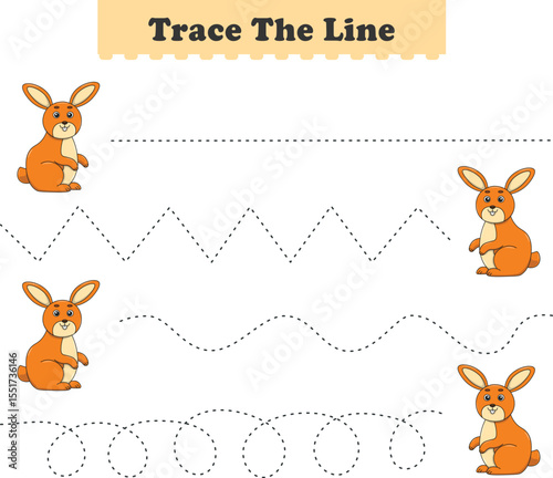 Trace line worksheets for children. Preschool handwriting practice with rabbit. Vector illustration