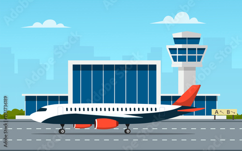 Modern airport terminal and runaway scene in flat style. Airport terminal building with tower and airplane. Vector stock