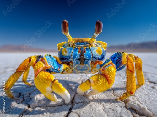 A close-up shot of an endemic sand crab is set against the stunning backdrop of a white sandy beach, blue sky, and crystal-clear ocean in Socotra