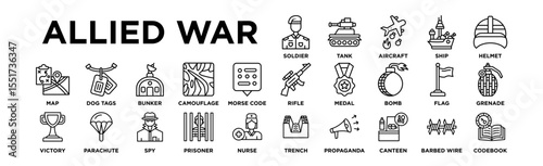 Allie War Icon Set. Editable Stroke Icon Collection. Soldier, Tank, Aircraft, Ship, Helmet