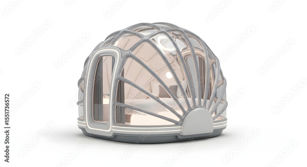 Fototapeta premium Futuristic Silver Pod with Glass Windows and Bedding on White Background