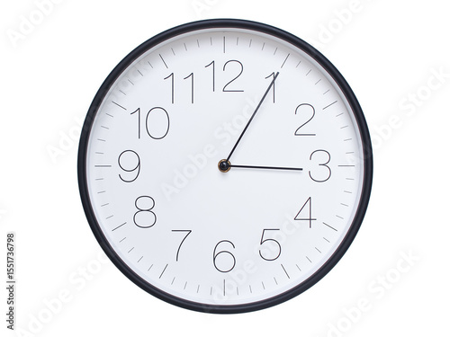Simple wall clock with black frame and white face displaying 03:05 or 15:05. Ideal for time, schedule, and punctuality themes.